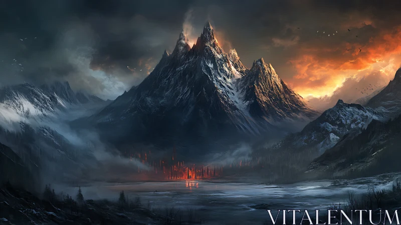 Fiery mountain peaks watching over a frozen, misty valley.