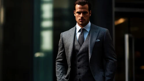 Confident businessman in a sharp gray suit outdoors.