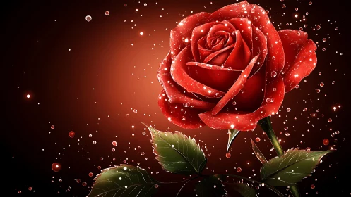 Red rose with water droplets on dark background