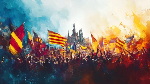 Crowd celebrates with vivid flags before distant cathedral.