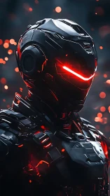Armored cybernetic soldier with blazing red visor glare.