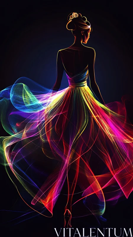 Radiant dancer wrapped in glowing rainbow silk light.