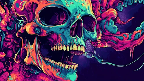 Neon screaming skull swirling in psychedelic cosmic chaos.