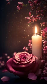 Rose with Candle in Dimly Lit Botanical Arrangement