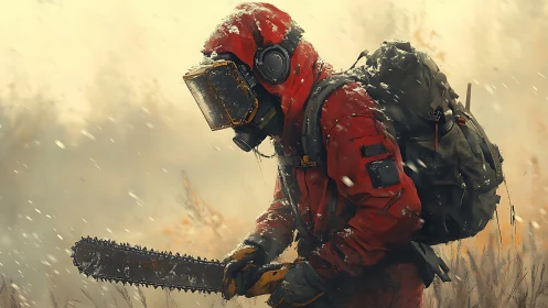 Snow-scarred wanderer with chainsaw crossing frozen hush.