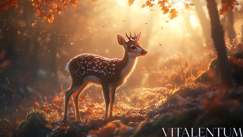 Backlit juvenile deer in volumetric autumn forest atmosphere.