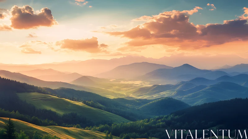 Stratified mountain ridges in volumetric sunset atmosphere.