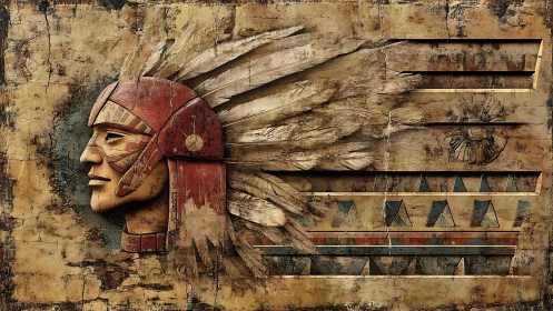 Textured relief profile with feathered headdress and glyph bands.