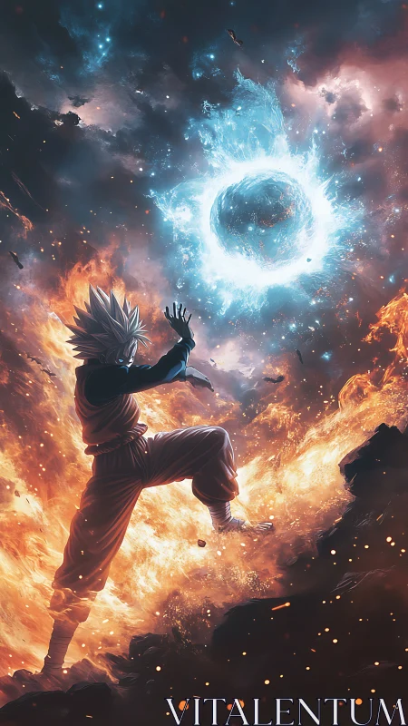Fiery sky warrior channeling cosmic energy in mid-battle.