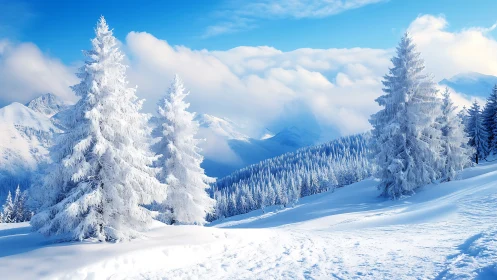 Snow-laden fir forest crowns sunlit alpine ridge.