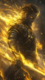 Flaming warrior strides through embers in blazing golden armor