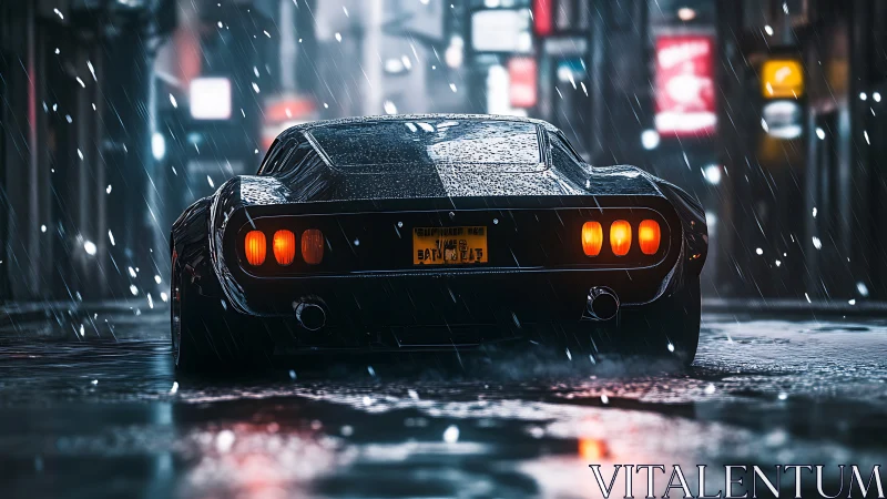 Midnight muscle car glowing softly in a rainy neon street.