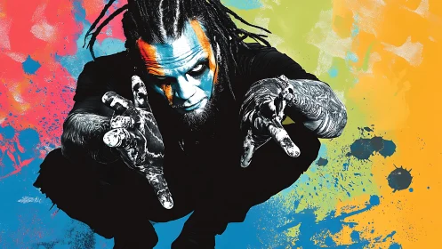 Tattooed man with face paint on vivid splatter backdrop.