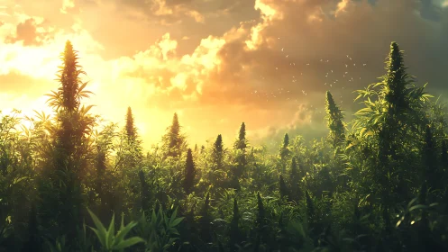 Sunlit cannabis field under dramatic golden sky at dusk.