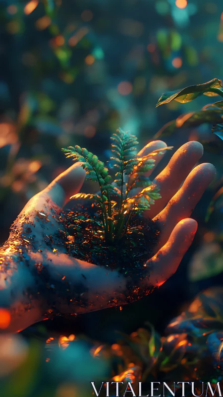 Macro closeup of soil covered hand cradling young fern sprout