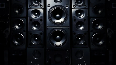 Symmetrical wall of black loudspeakers renders sculptural audio power