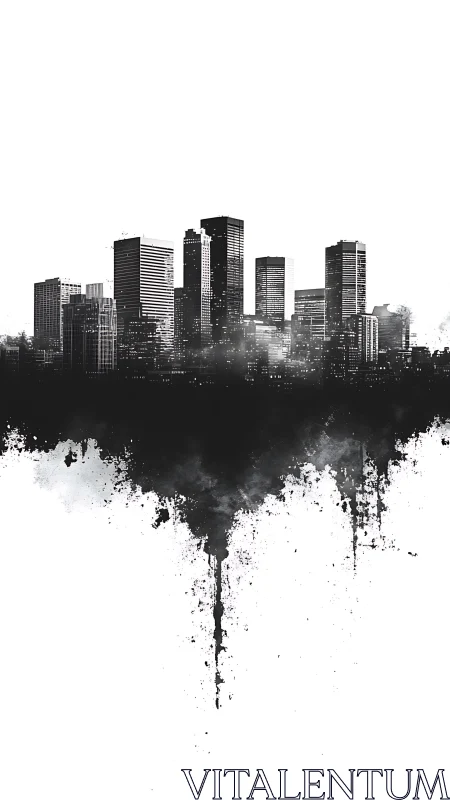 Monochrome city skyline over dripping ink silhouette.