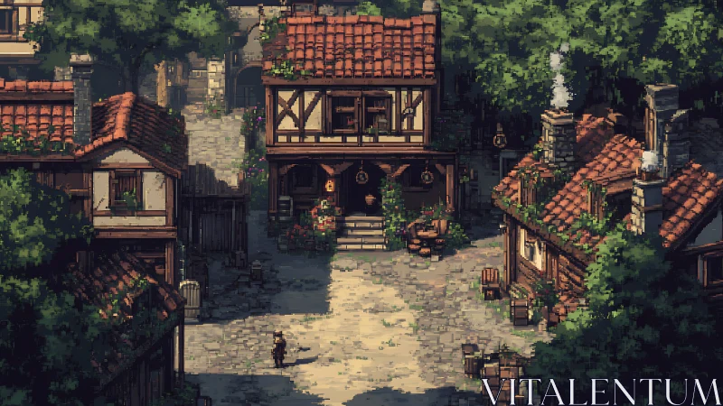 Sunlit medieval village square quietly invites exploration