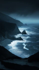 Moonlit coastal cliffs and reflective shoreline at night.