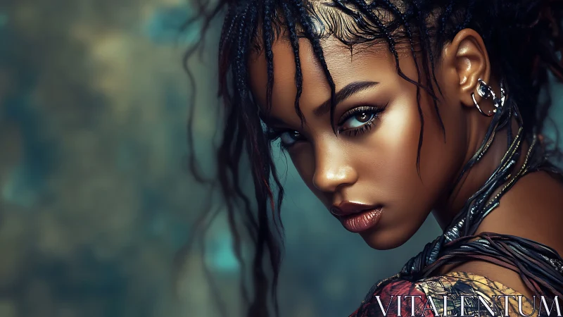 Digital painting portrait with braided cyber-organic detailing.