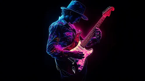 Neon-laced guitarist carves electric riffs from midnight air