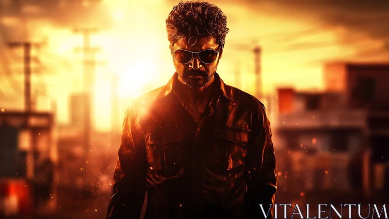 Intense male figure in sunglasses against fiery city backdrop.