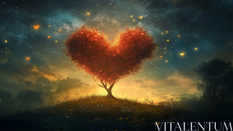 Love Blooms Bright: A Heart-Shaped Tree Under Starlit Skies