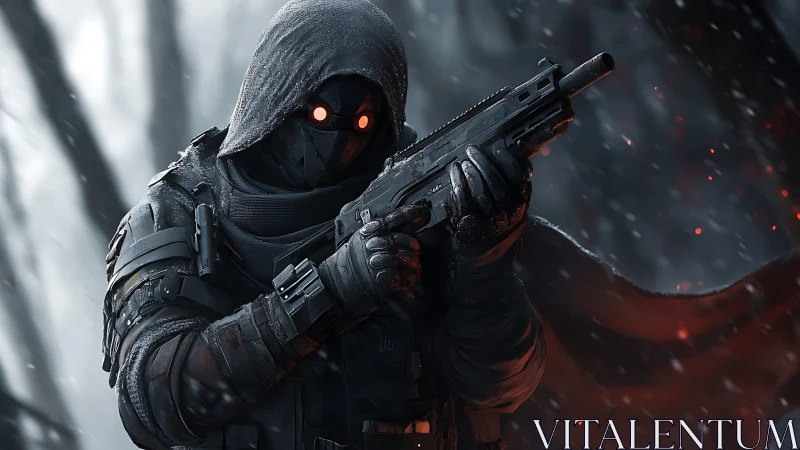 Hooded armored gunman with glowing eyes in winter scene.