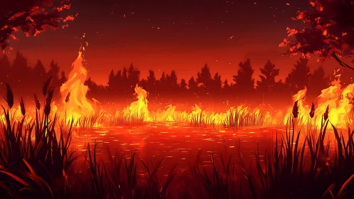 Wildfire Engulfs Marshland Beneath Crimson Sky.