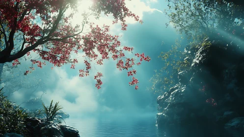Serene Blossoms Over Turquoise Waters and Misty Cliffs.