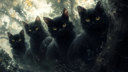 Four Black Cats with Luminous Eyes Emerge from Atmospheric Forest Foliage