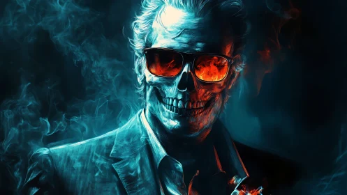 Flaming-suited skeleton grins through neon smoke and shades