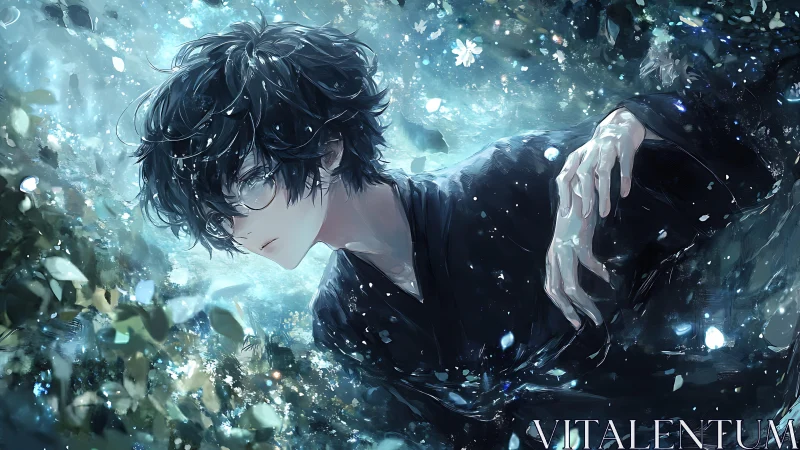 Dark-haired figure lies in luminous blue fragmented environment