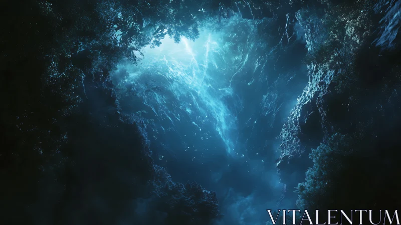 Vertical cavern opening with blue atmospheric light shaft.