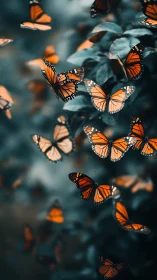 Monarch butterflies in flight over foliage background.