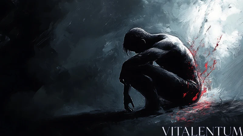 Wounded figure resting in shadowed, stormy light.