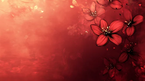 Red Florals with Golden Accents Against Deep Crimson.