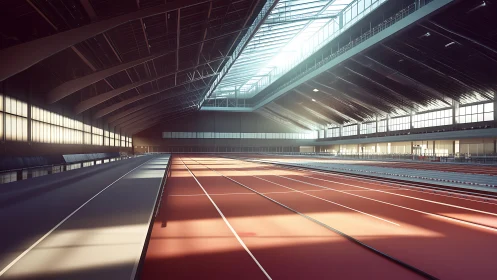 Photorealistic indoor track hall with axial skylight geometry.