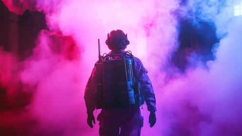 Operator in hazmat gear walks into neon fog cloud