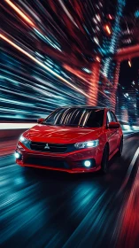 Scarlet Mitsubishi sedan racing through neon light trails.