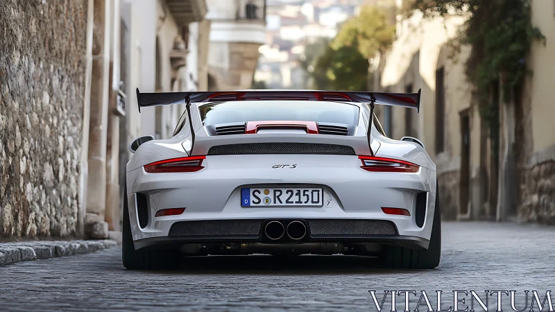 White GT3 RS race car stands stationary in a narrow street