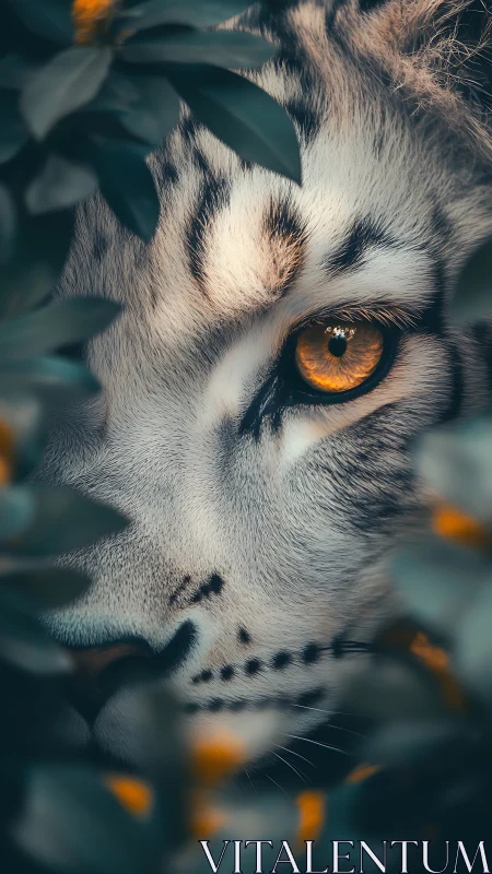 Golden-eyed tiger watches quietly through soft jungle leaves