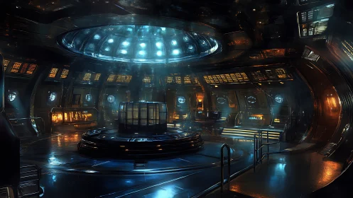 Futuristic starship control room with central reactor.