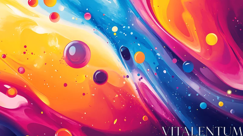 Bold liquid color waves with floating glossy spheres.