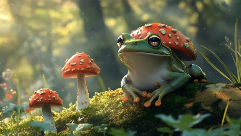 Forest daydream perches on a toadstool crowned frog