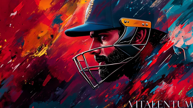 Cricket batter portrait ignites with neon kinetic strokes.