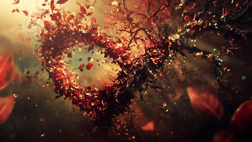 Autumn leaves swirl into an infinite heart of glowing light