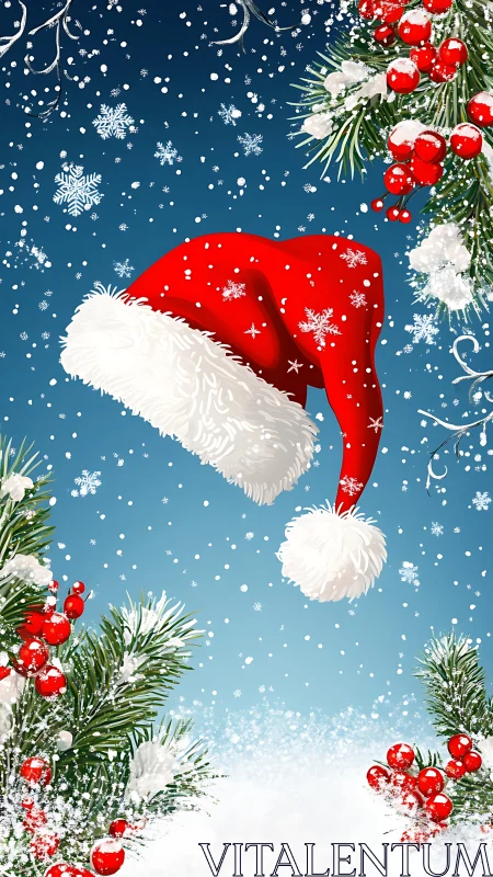 Red Santa hat with snow, fir branches and berries.