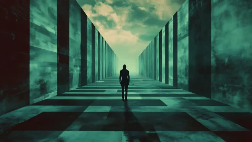 Solitary human silhouette in teal monolithic corridor perspective.