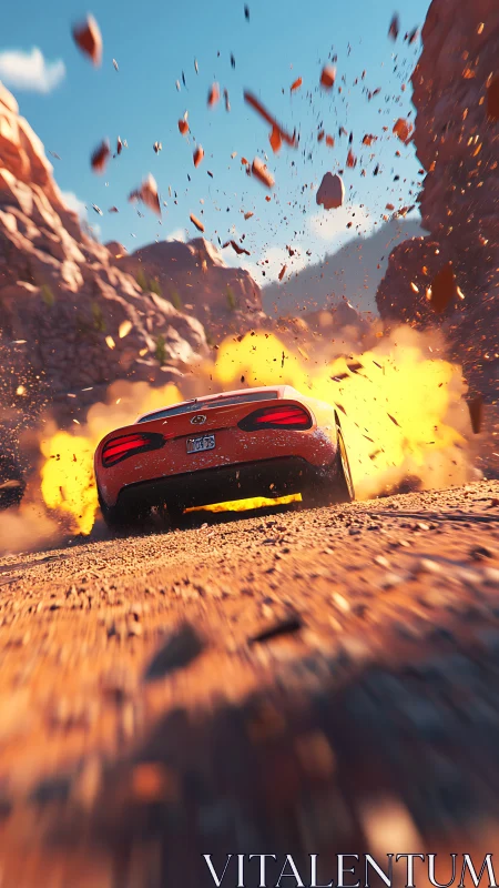 Fiery canyon getaway with a red sports car in full sprint.